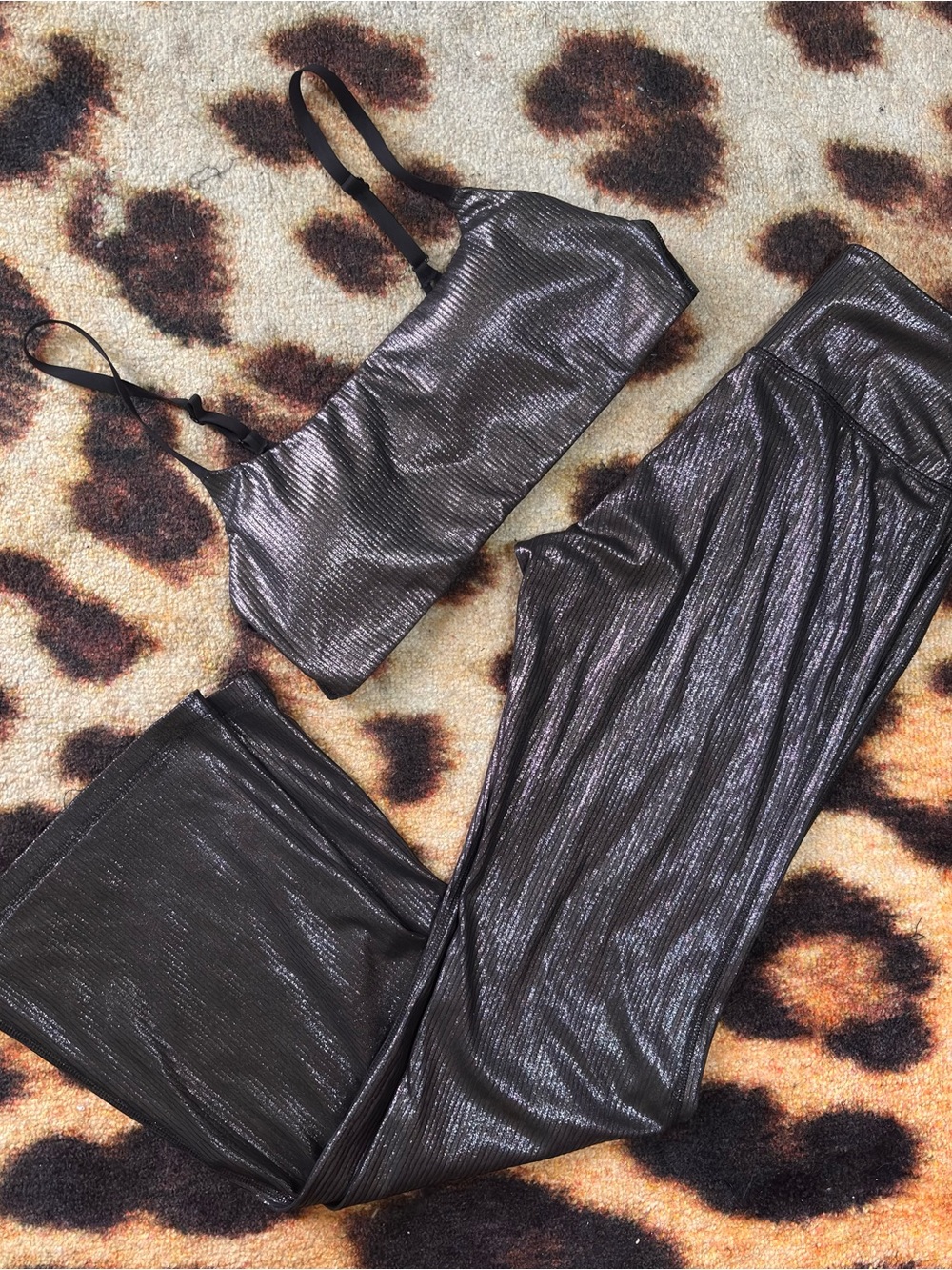 PINK Victoria's Secret Metallic Black Ribbed Wide-Leg Set Small